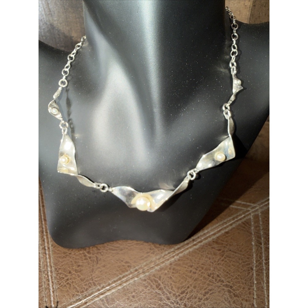 Daniel by Design Sterling Silver 925 Ribbon Wave Faux Pearl Choker Necklace 16"